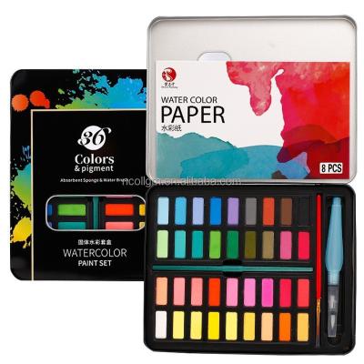 China Amazon Hot Selling Non-Toxic 36colors Portable Solid Watercolor Paint Set With Water Brush Pens Metal Box for sale