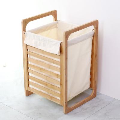 China Minimalist Hot Sales Laundry Hamper Cabinet Bamboo Wooden Basket With Bag for sale