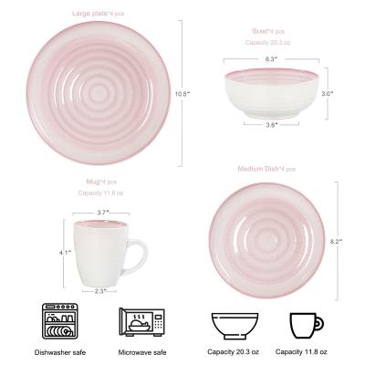 China High Quality Disposable Popular Design Stoneware Bone China Bowls 16 Piece Round Pink Dinnerware Sets, Service for 4, Rustic Reactive-Gloss for sale