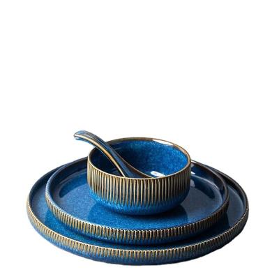 China Disposable Ceramic Dinner Plates And Bowls Blue Dishes Retro Japanese Oven Changed Dinnerware Dinnerware Set Plate for sale