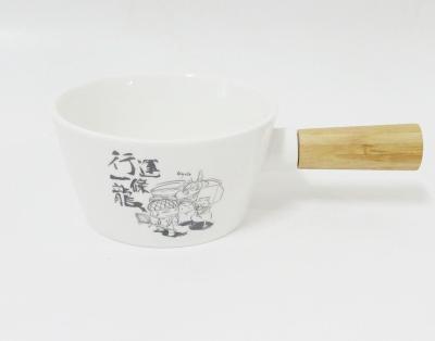 China Sustainable Ceramic Bowl With Wooden Handle , OEM Designs Logos Dinnerware Stoneware Printed Serving Bowls for sale