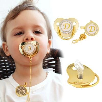 China Lovely Infant Gold Bling Soother Newborn Dummy Nipple Initial Letter Name & Clips BPA Free Silicone Baby Pacifier for sale