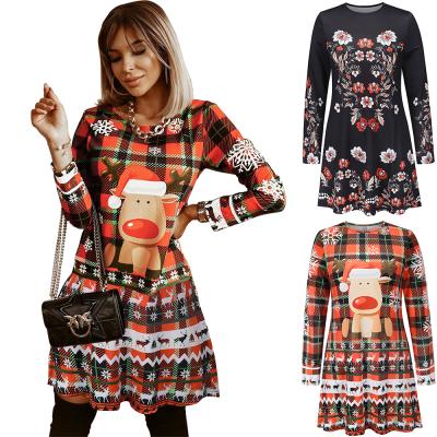 China Autumn Winter Women Christmas Elk Floral Printed Casual Dress Anti-Static Elegant Mini Dress Long Sleeve A Line for sale