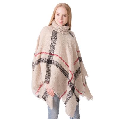 China Squishy Ladies Crochet Plaid Alpaca Knit Poncho Women Winter Plaid Cashmere Loop Yarn Turtle Neck Warm Sweater for sale