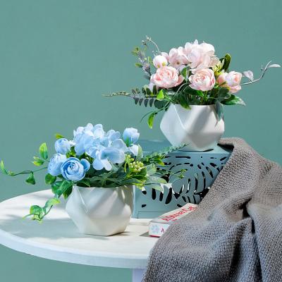 China Colorful Nordic Beautiful Silk Flower Ceramic Flower Pot Geometric Potted Artificial Flower For Wedding Decoration for sale