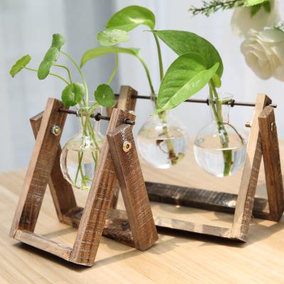 China Plant Minimalist Glass Hydroponic Container Home Decoration Ornaments Framed Solid Wood Vase for sale