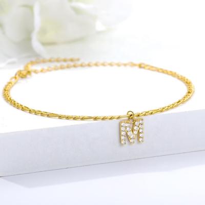 China Wholesale Hiphop Wuzhou Jewelry Design Summer Diamond CZ Initial Letter Chain Link Gold Plated Anklets LS New for sale