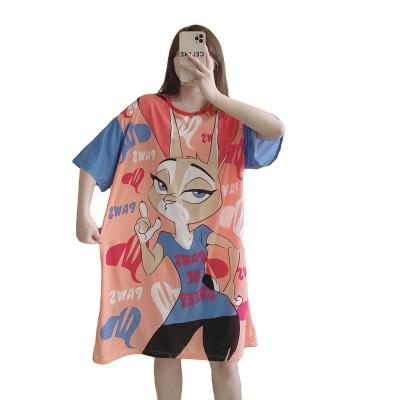 China 2022 Summer Fashion Fresh Milk Mickey Pajamas Skirts For Women Short Sleeve O-Neck Silk Cartoon Print Oversized Loose Night Dress for sale