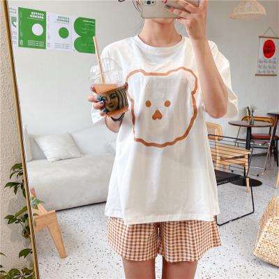 China Cute QUICK DRY Bear Cotton Pajamas Set Women Summer Short Sleeve Shorts Waist Loungewear Plaid Casual Looser Pajamas Suit for sale