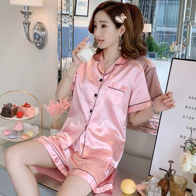 China QUICK DRY Women's Shorts Set Sleepwear Short Sleeve Shorts 2pcs Sets Satin Pajamas Mask Solid Color Lapel Silk Soft Lounge Home Wear for sale