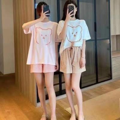 China Women's Two Piece Leisure QUICK DRY Loose Cartoon T-shirt Plaid Pants Sheath Short Autumn Ladies Pajamas And Sleepwear Sets for sale