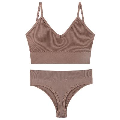 China INTIFLOWER 1608 Brown Ladies Viable Seamless Ribbed Bra Set Hippie Sexy Simple Women's Nylon Spandex Bra And Thongs Seamless Underwear for sale