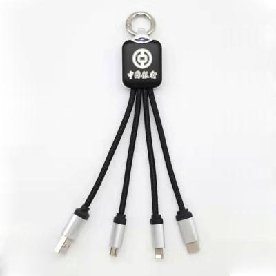 China 2020 Strong Goods New OEM Logo 3 in 1 USB Cable Key Chain USB Charging Cable with LED Light Logo for iPhone for Android Type C for sale