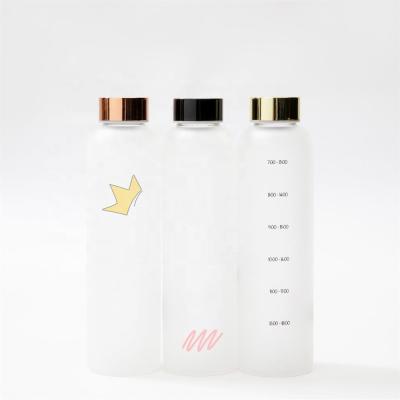 China Sustainable borosilicate glass metal spray lid bpa free color frosted water bottle with weather marking for sale