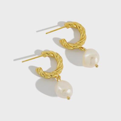 China TRENDY S925 Sterling Silver Baroque Gold Twisted Pearl C Shape Circle Drop Earrings for sale