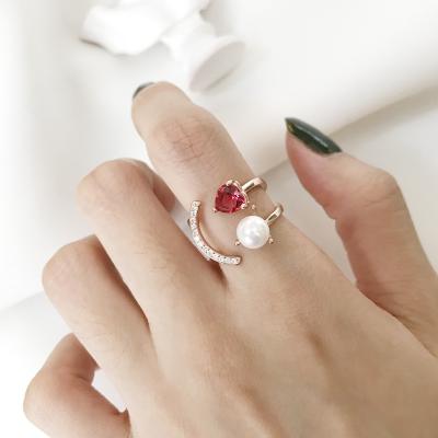 China Vintage 925 Sterling Silver Red Diamond Heart Pearl Smile Open Adjustable Rings for sale