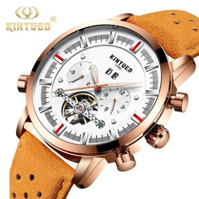 China KINYUED Day/Date Factory Brand Tourbillon Watch Manufacturer LOGO Custom Leather Automatic Movement Mechanical Automatic Men's Watch for sale