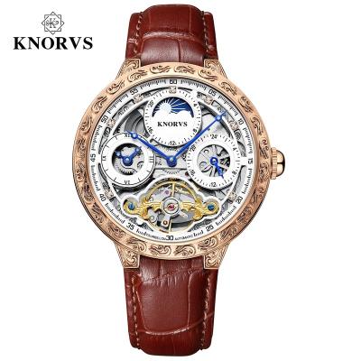 China KNORVS auto date drop shipping luxury genuine leather skeleton movement reloj automatic quartz watches mechanical wrist watch for sale