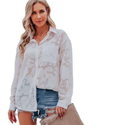 China Anti-shrink spring/2022 summer new solid color chiffon hollow jacquard breasted long sleeve shirt for women for sale