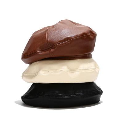 China Solid Leather Beret Hat Fashion PU Pattern Design Faux Beret Hat French Black Painter Hat for sale