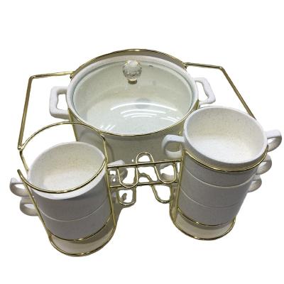 China Sustainable Factory Direct Arabic Soup Bowl Soup Pot Mixed Color Glazed Ceramic Soup Set With Iron Rack for sale