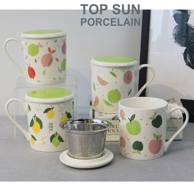 China Luxury Morden Porcelain Tea Cup Set Fruit Ceramic Mug With Lid And Stainless Steel Infuser for sale