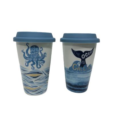 China 10 oz Sustainable Ceramic Double Wall Mug with Ocean Design Porcelain Travel Mug for sale