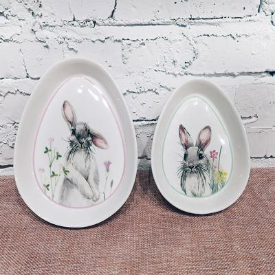 China Cute Mordern Easter Fashion Style Lovely Egg Shape Embossed Bunny Art Ceramic Dishes Ceramic Plates for sale