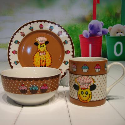 China Hot Sale 3pcs Cartoon Kids Breakfast Porcelain Ceramic Dinner Sets with Dish, Bowl and Cup or Mug for sale