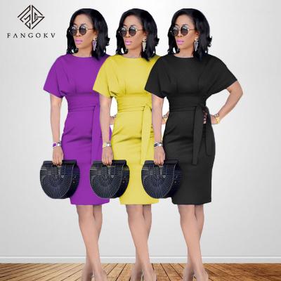 China New Office Anti-static Slim Ladies Work Female Short Sleeve Elegant Pencil Dresses With Belt for sale