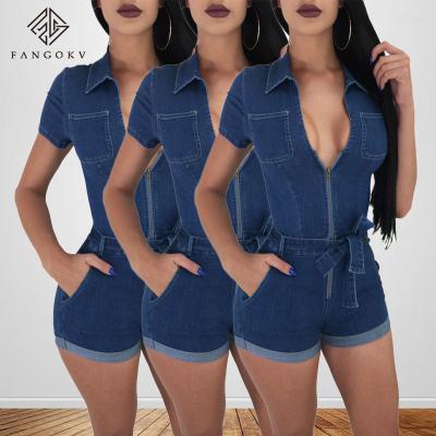 China Elastic Denim Overalls Women's Short Sleeve Turn Collar Playsuits Shorts Jeans Rompers With Belt Streetwear for sale