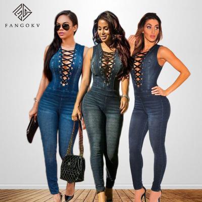 China New Style 2XL Waist Denim Rompers Overalls Women Sleeveless Jumpsuit V Neck Lace Up Blue Sexy Skinny Breathable Jeans Jumpsuit for sale