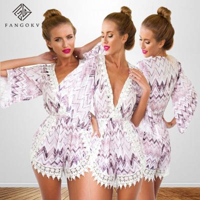 China Anti-pilling New Arrival Floral Print Flared Sleeve Boho Romper Women Summer Beach Playsuit Ladies Overalls for sale