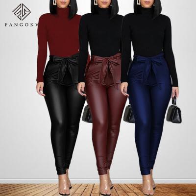 China QUICK DRY S-3XL Fashion PU Casual Pants Leather Trim Pants Plus Size Solid Color Trousers Gaiters Belt Pencil PU Leather Pants for sale