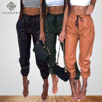 China Vintage Drawstring Anti-pilling PU Leather Thongs Pants Lady Elegant Sweatpants High Waist Solid Color Slim Long Trousers Women Harem Pants for sale