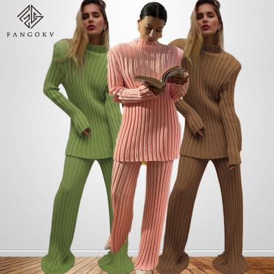 China Anti-pilling 2021 new ribbed outfits knitted long sleeve sweater top and pants 2 pieces sets casual loose tracksuit fashion chic suit for sale