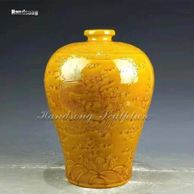 China China small home decorations, ceramic vases, textured dark yellow vases, traditional Chinese crafts, pottery bottles for sale