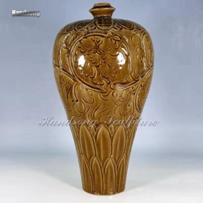 China China small home decoration, ceramic long vase, flower texture dark brown vase, traditional Chinese crafts, pottery bottles for sale