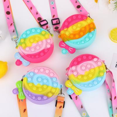 China Mini Fashion Rainbow Silicone Water Proof Stress Reliever Bubble Jumping Handbag For Kids Girls for sale