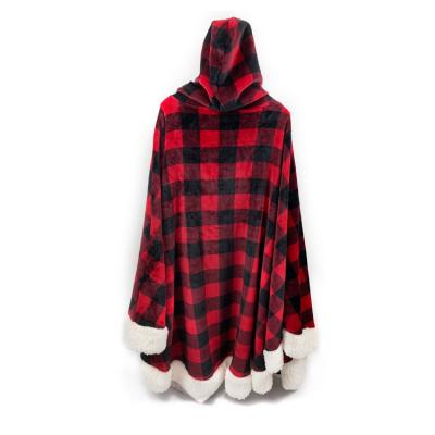 China High Quality Wearable Plaid Pattern Double Layer Flannel Fleece and Sherpa Fleece Hoodie Shawl Blanket for sale