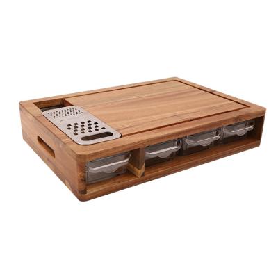 China Sustainable Nature Large Acacia Wood Cutting Board with Tray and Grater Containers, with Easy-Grip Handle, Juice Groove for sale