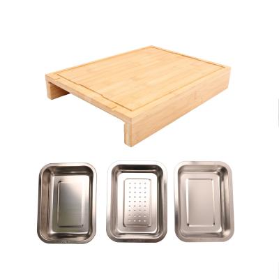 China Sustainable Bamboo Cutting Chopper Set With 3 Stainless Steel Containers Bread Tray for sale