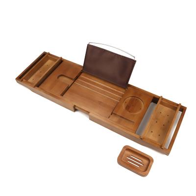 China Sustainable Adjustable Teak Tray Bathtub Caddy With Leg Wooden Bathtub Organizer Shelf Table Walnut for sale