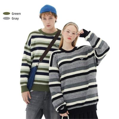 China Anti-Wrinkle 2022 New Autumn Winter Ins Couple Round Neck Green And Gray Color Long-Sleeved Striped Sweaters For Men And Women for sale