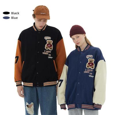 China Autumn Winter Embroidered Bear Logo Waterproof Couple Shearing College Jacket Baseball Coat Jacket For Women Mens for sale