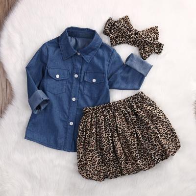 China Baby Casual Jean Shirt Leopard Print Blue Shorts Skirt Headband Teams 3pcs Set Clothes for sale