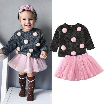 China Vintage Newborn Infant Babies Clothes Kids Long Sleeve Hair Ball Knit Top + Tutu Skirt Set Kids Clothing for sale