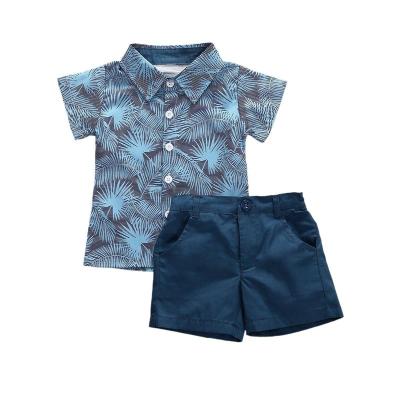 China Fashion Casual Baby Boy Tree Leaves Summer Short Sleeve T-Shirts Tops And Blue Shorts 2 Pieces Little Boy Clothing Set for sale