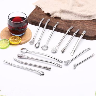 China Sustainable Recyclable Metal Drinking Straw Spoon Stainless Steel Coffee Tea Sets Silver Straw Spoon for sale