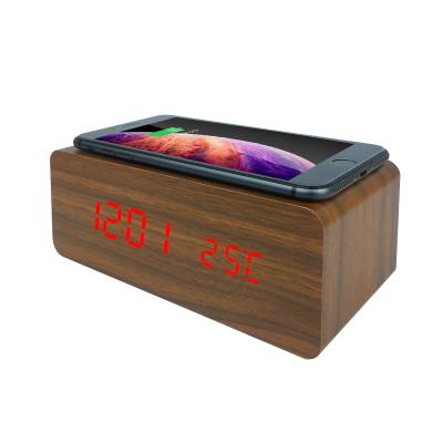 China 2020 Modern Square LED Multifunctional Wooden Alarm Clock Desktop Digital Control Clock Healthy Wireless Charger for sale